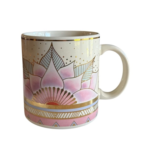 Vtg Laurel Burch Celestial Lotus Mug, Pastel Pink Gold, Ceramic Cup, FREE SHIP - Picture 1 of 6